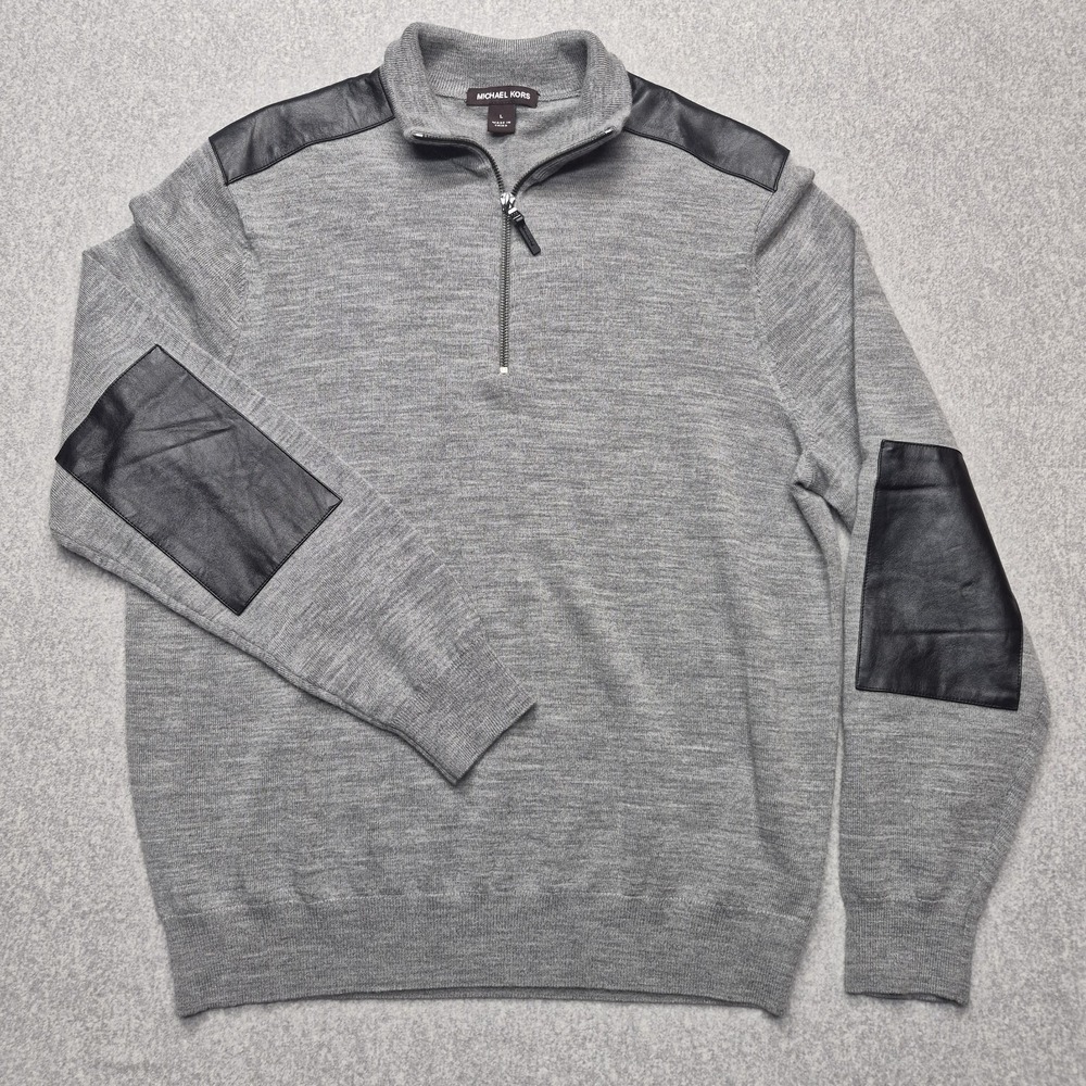 Michael Kors Mens Quarter Zip Sweater Large Gray Wool Leather Designer Pullover